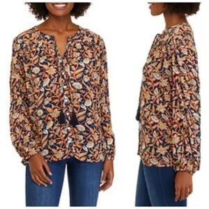Belk Wonderly Blue Batik Colorful Floral Tassel Tie Boho Peasant Top Size Large